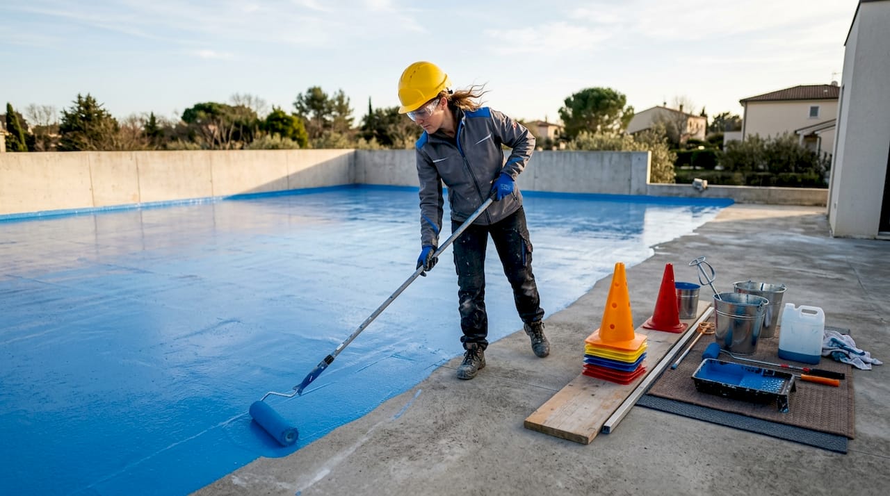 Installer applying polyaspartic coating in warehouse