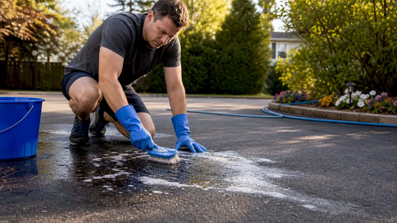 Close-up hand scrubbing oil stain on asphalt driveway