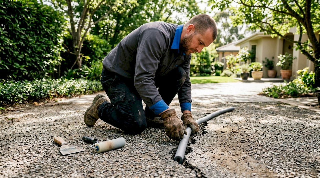 Inserting foam backer rod into driveway crack