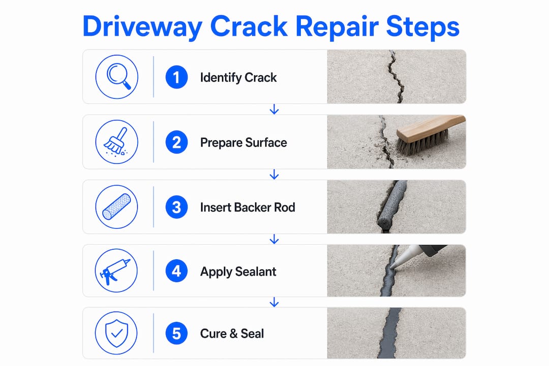 Step-by-step infographic of driveway crack repair