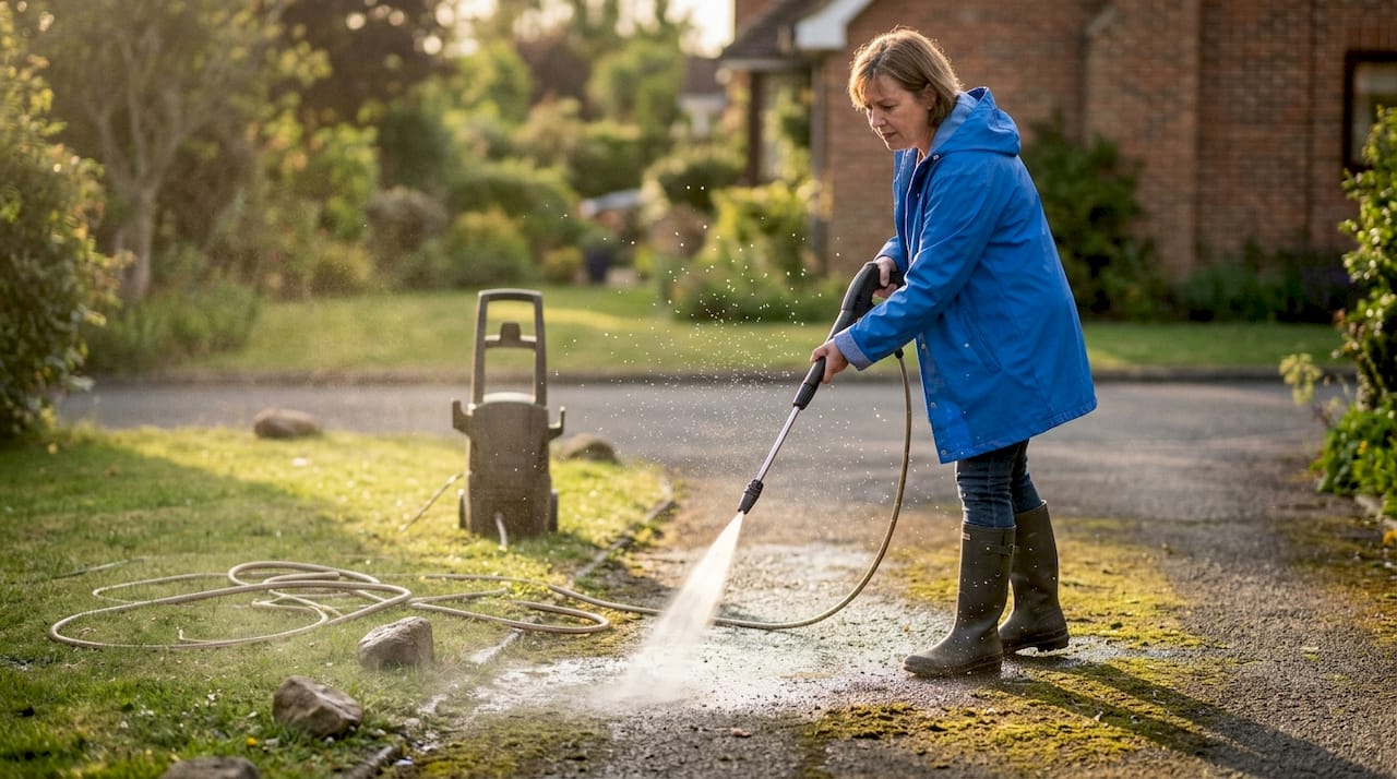 Woman pressure washing moss from asphalt driveway