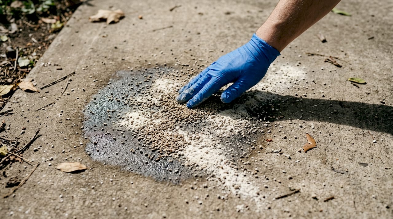 Close-up of absorbent powders on asphalt oil stain