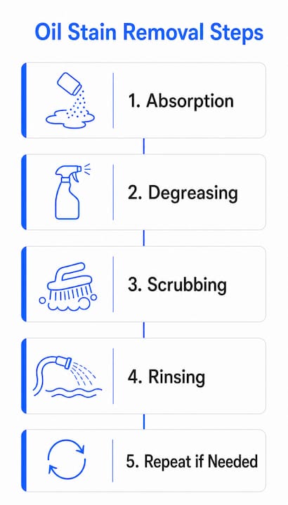 Infographic showing step-by-step oil stain removal process
