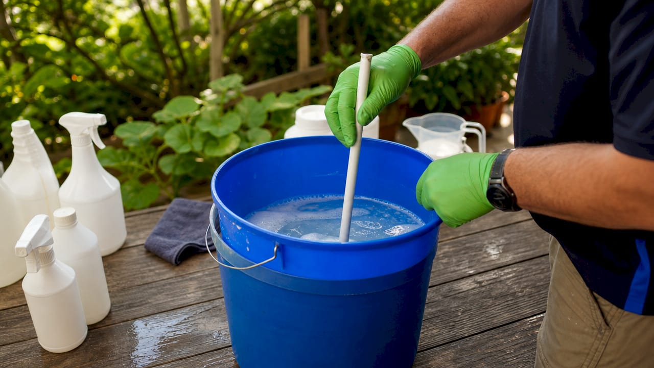 Hands mixing soft washing cleaning solution