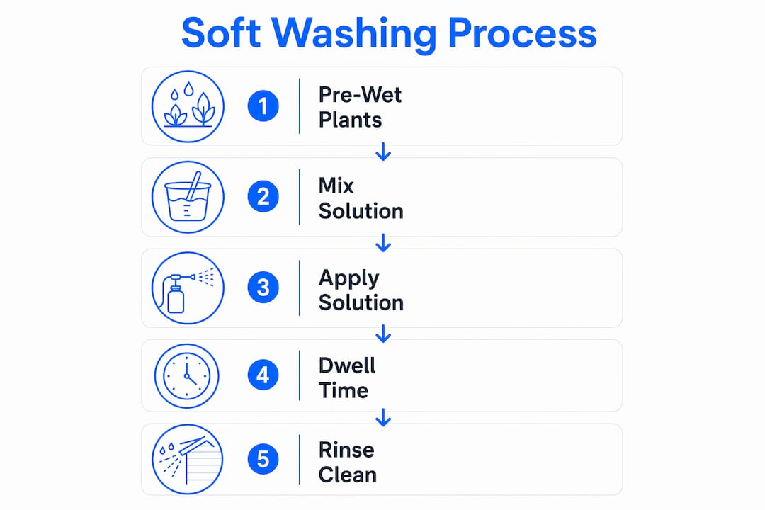 Infographic illustrating five key steps in soft washing process