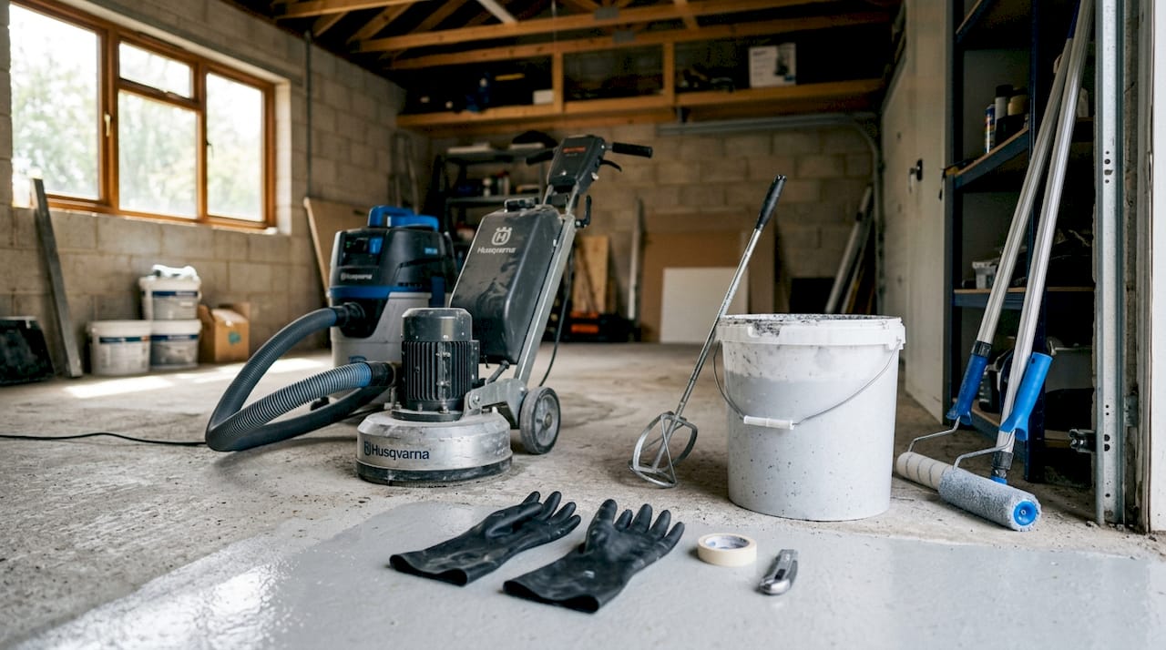 Epoxy floor coating tools arranged on garage floor