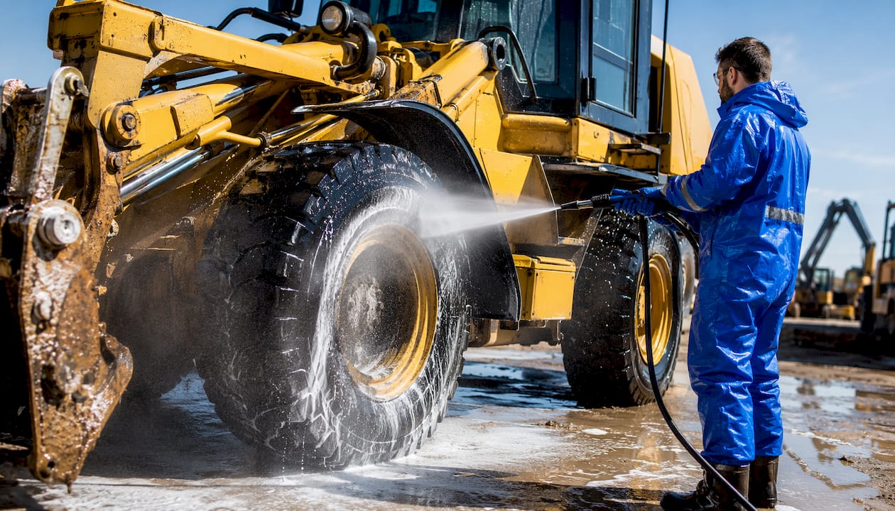 Close-up of technician power washing heavy equipment wheels