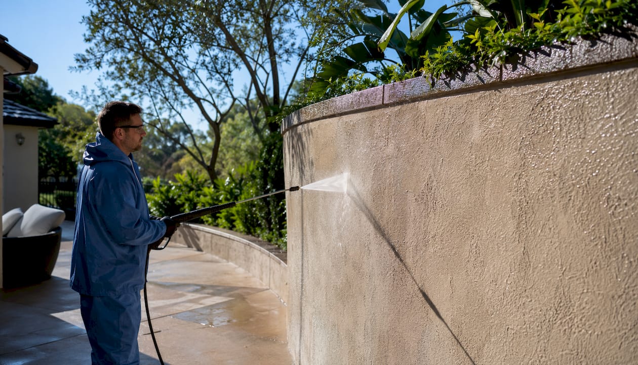 Close-up pressure washing stucco surface