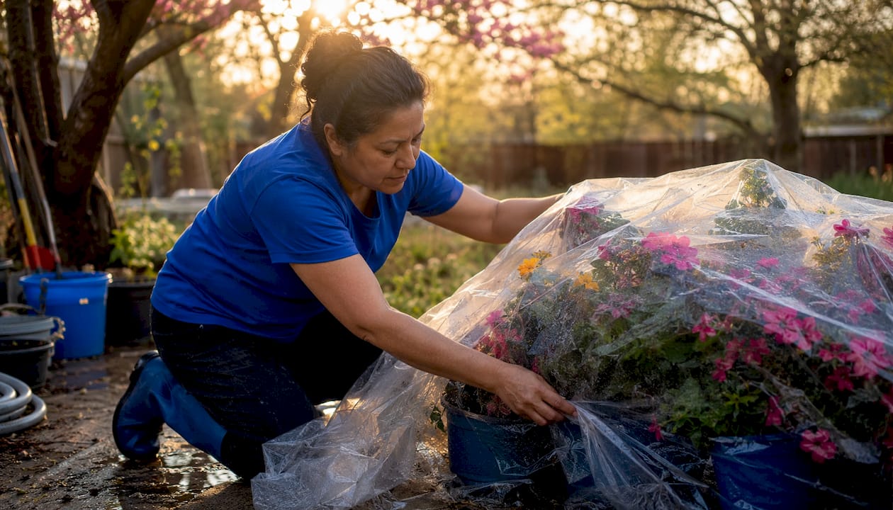 Gardener covering plants with plastic sheeting