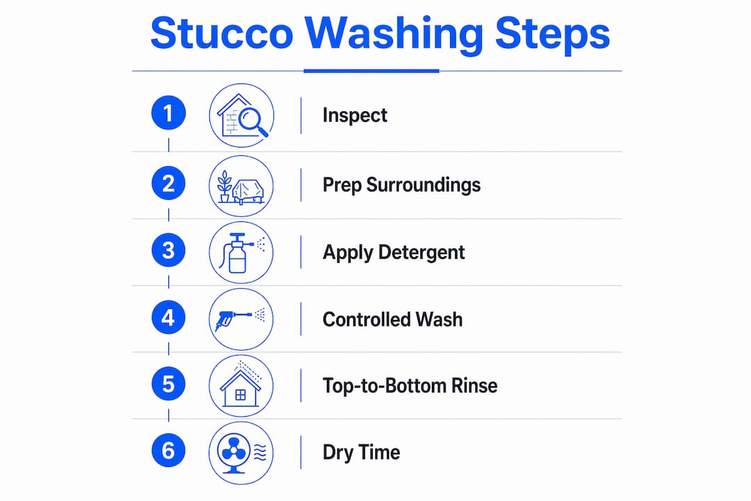 Infographic showing pressure washing steps for stucco