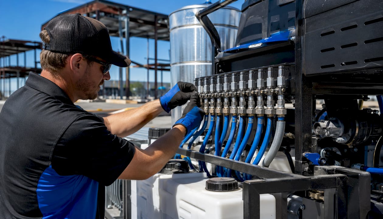 Close-up of commercial pressure washing equipment and hands