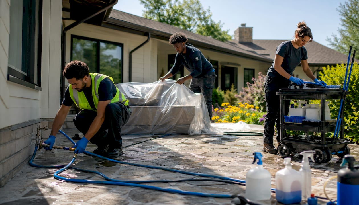 Pressure washing crew setting up protective coverings outdoors