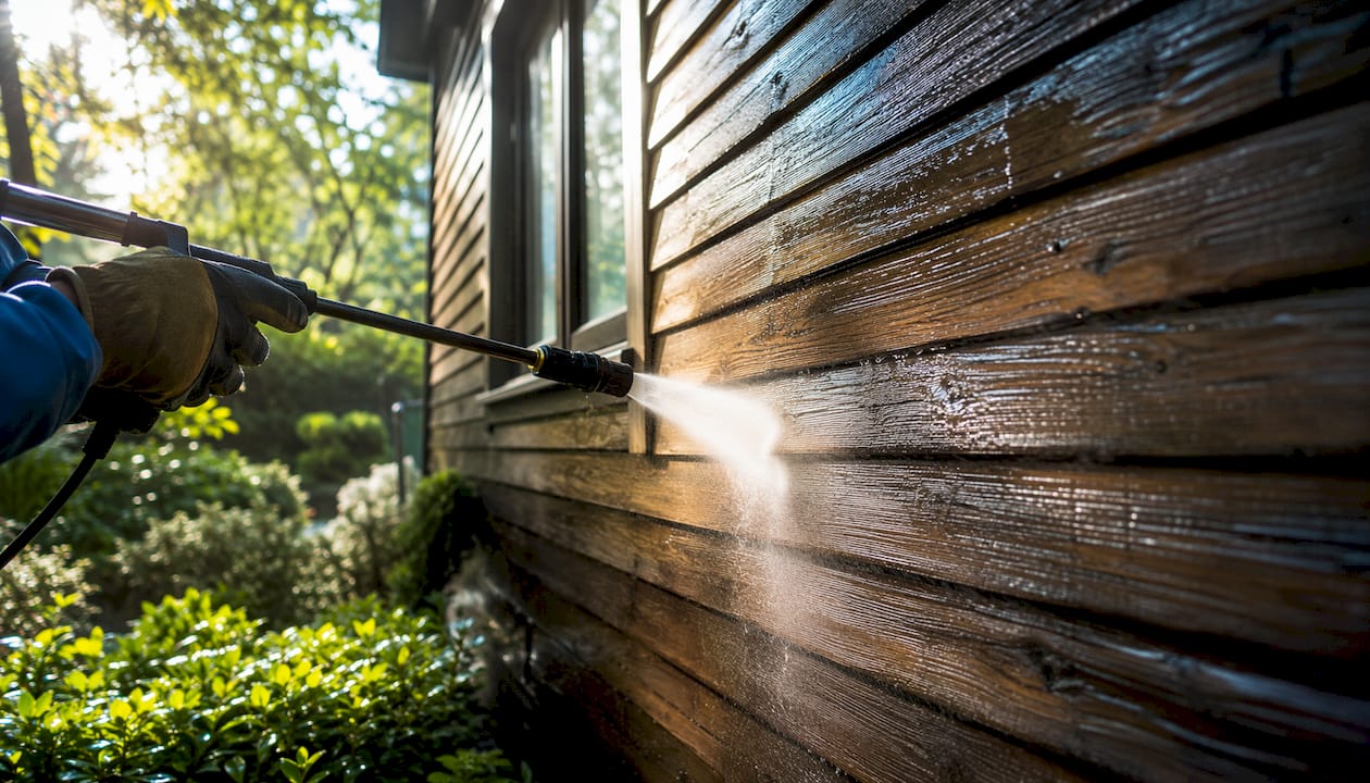Close-up of pressure washer nozzle sprayer cleaning wood siding