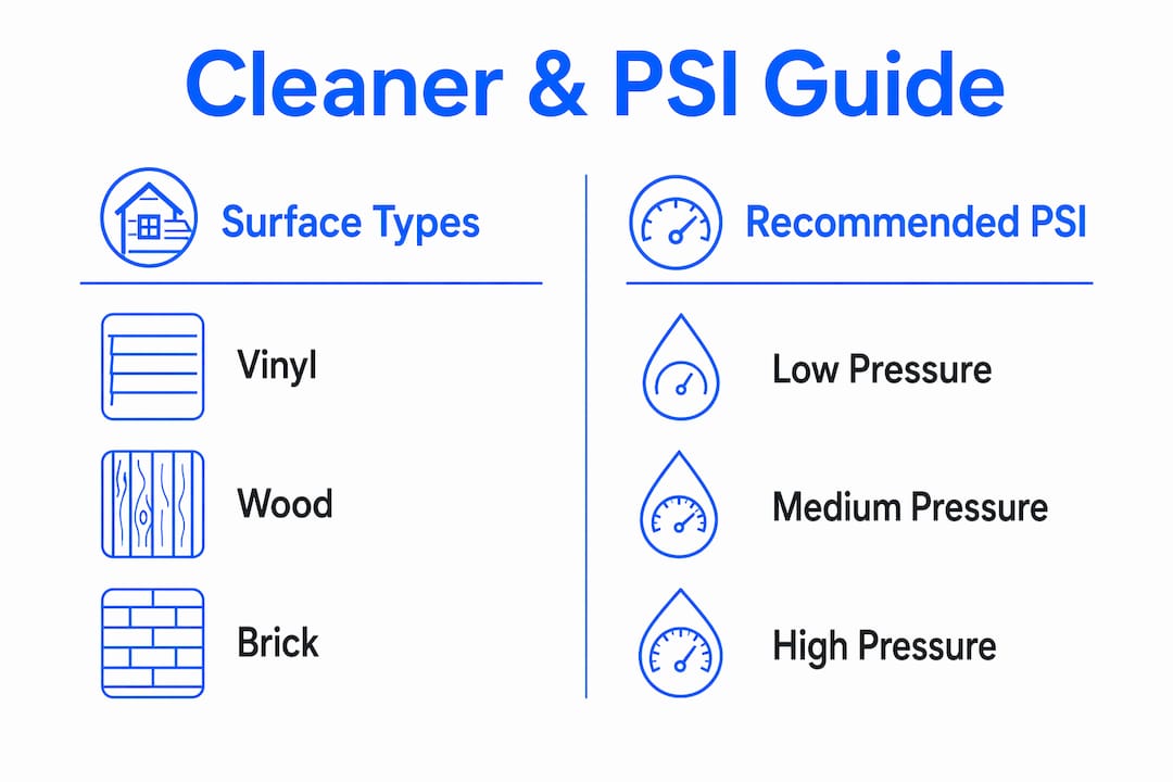 Infographic comparing house surfaces and recommended pressure washer PSI