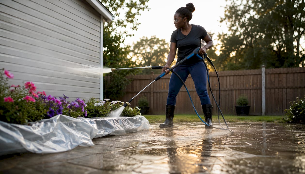 Woman using soft wash and high-pressure nozzles