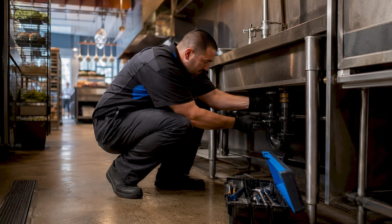 Hands maintaining commercial kitchen grease trap