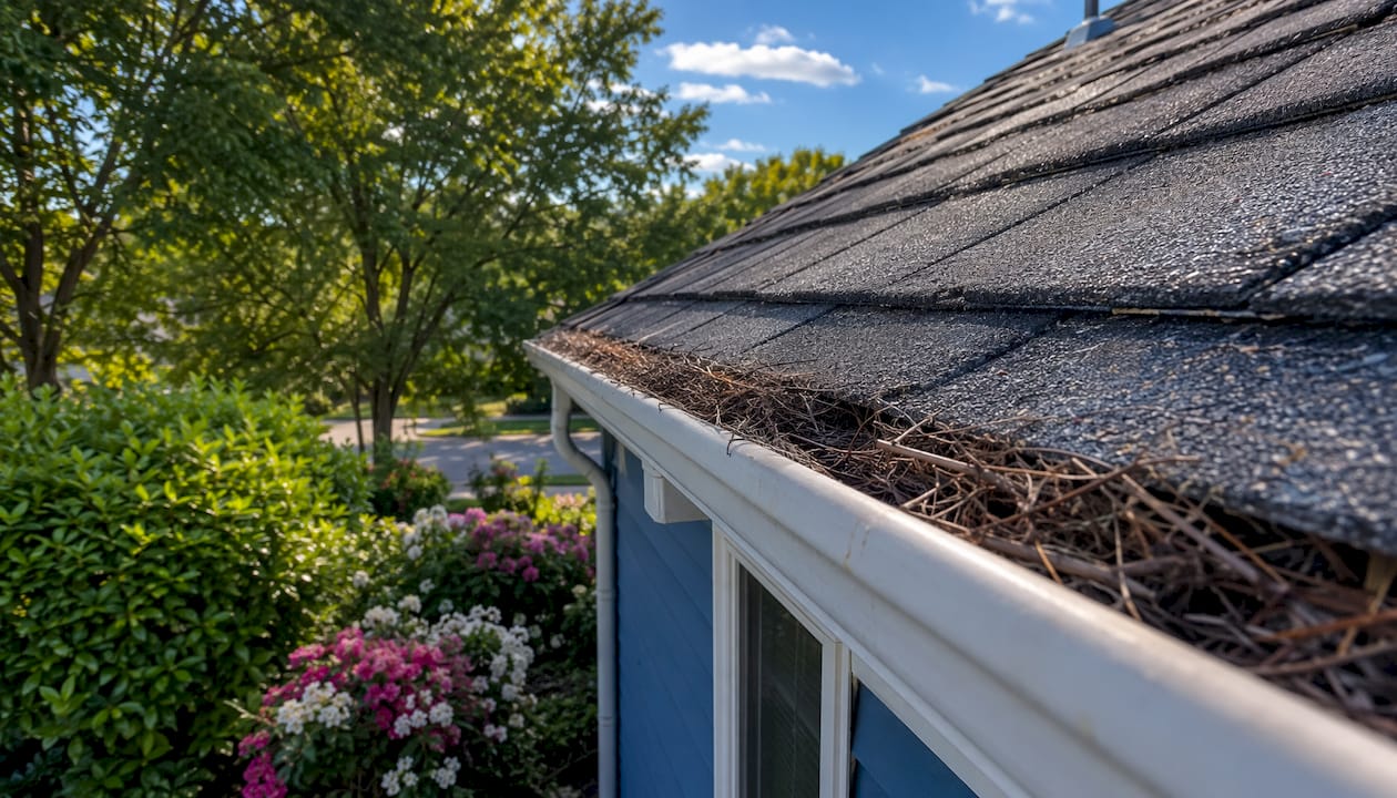 Gutter clogged with pine needles outdoors