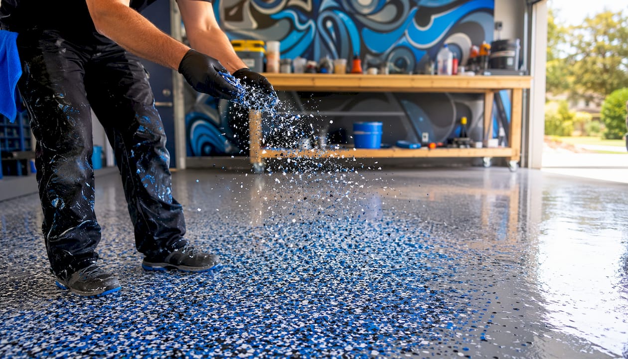 Hands applying vinyl flakes onto wet epoxy basecoat