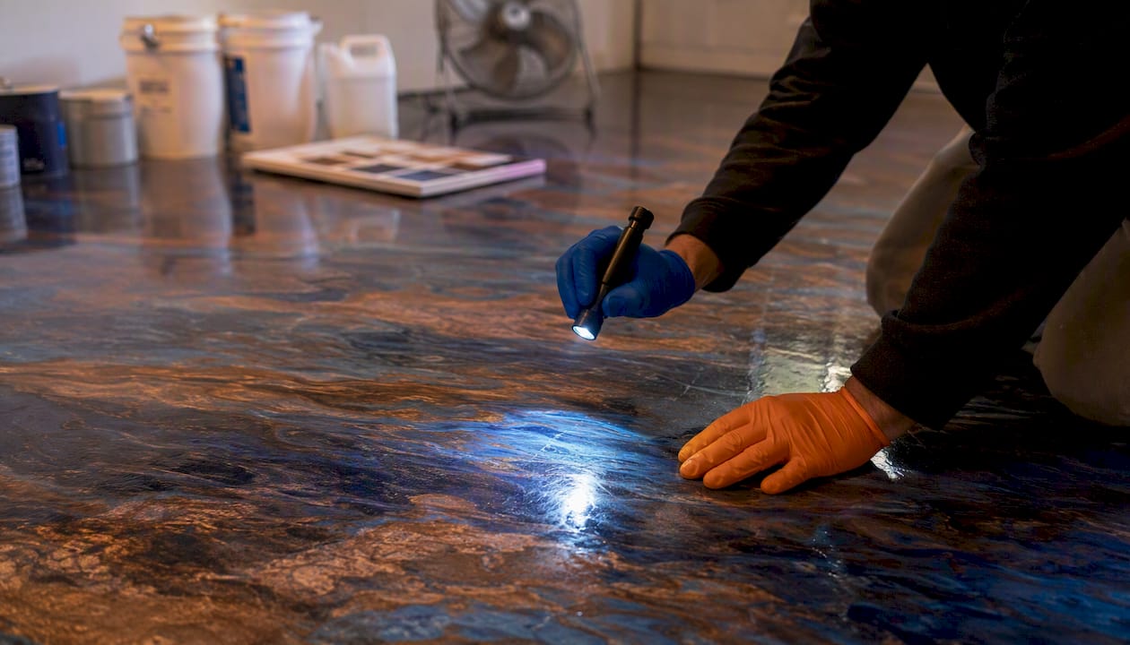 Hands inspecting metallic epoxy floor sample