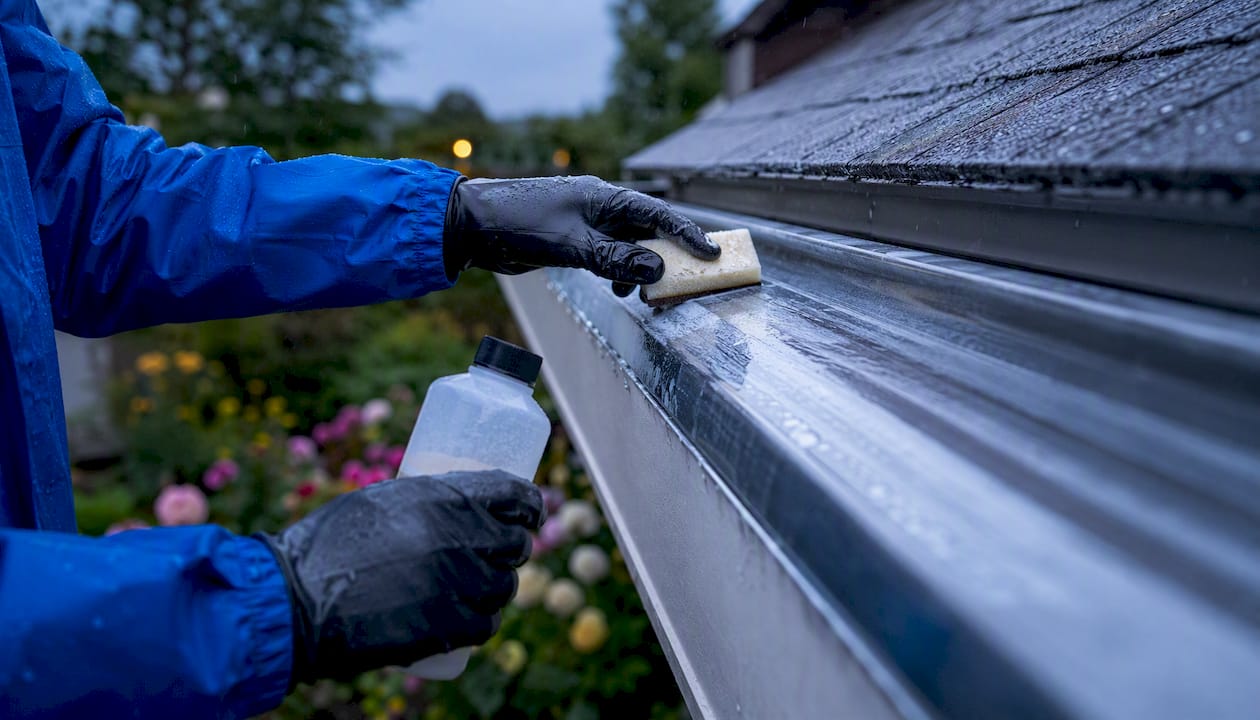 Hands applying cleaning solution on stained gutter