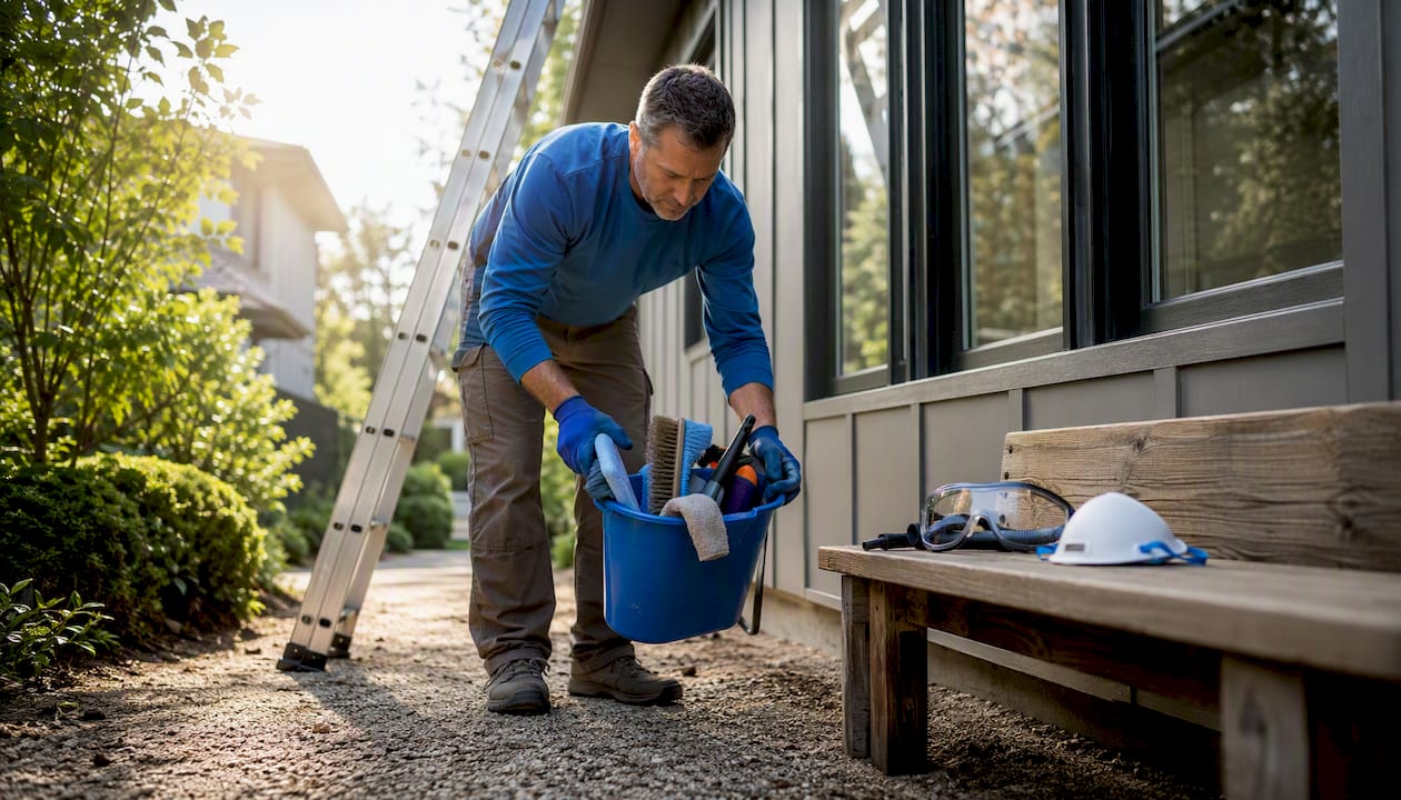 Homeowner preparing gutter cleaning safety equipment