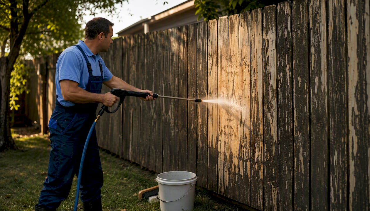 Pressure washer nozzle cleaning painted concrete surface