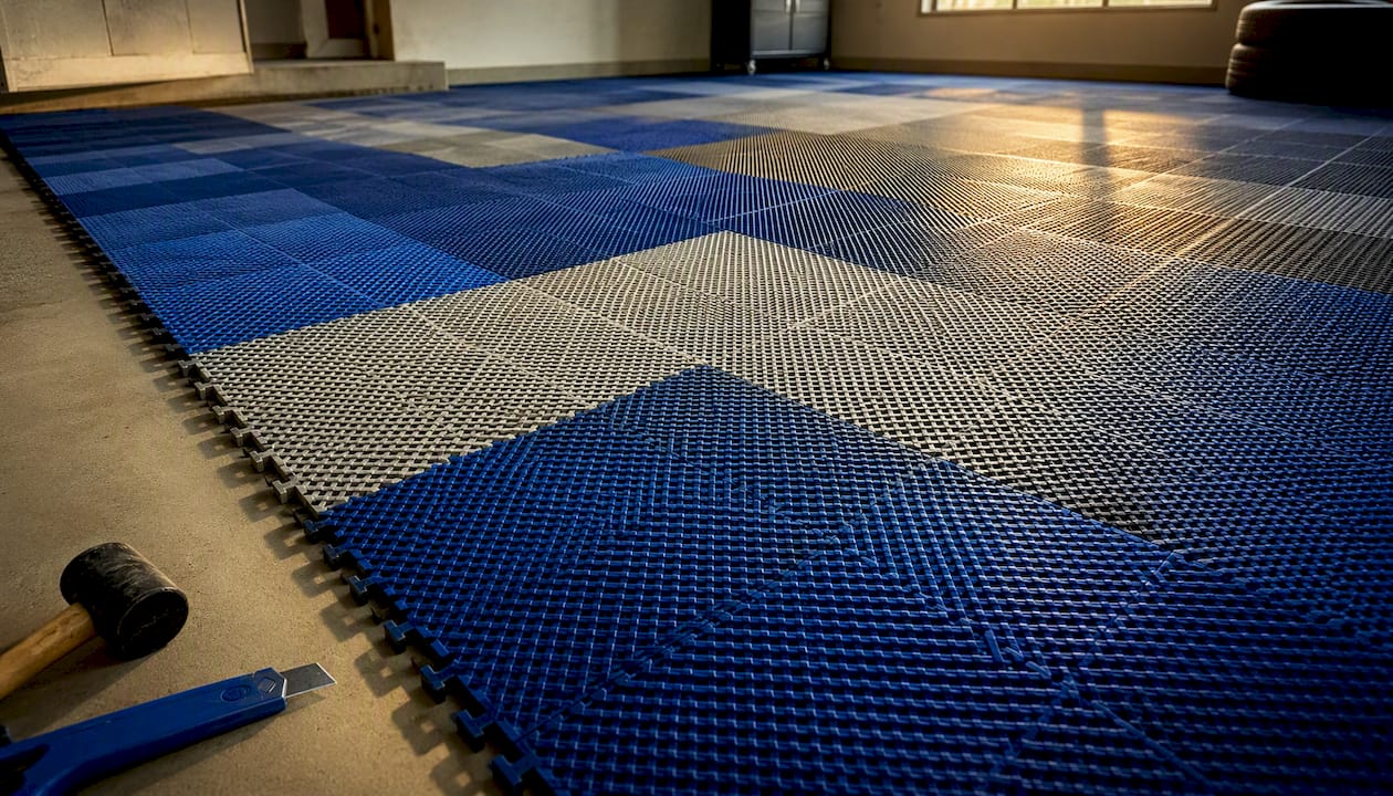Interlocking colorful vinyl garage floor tiles