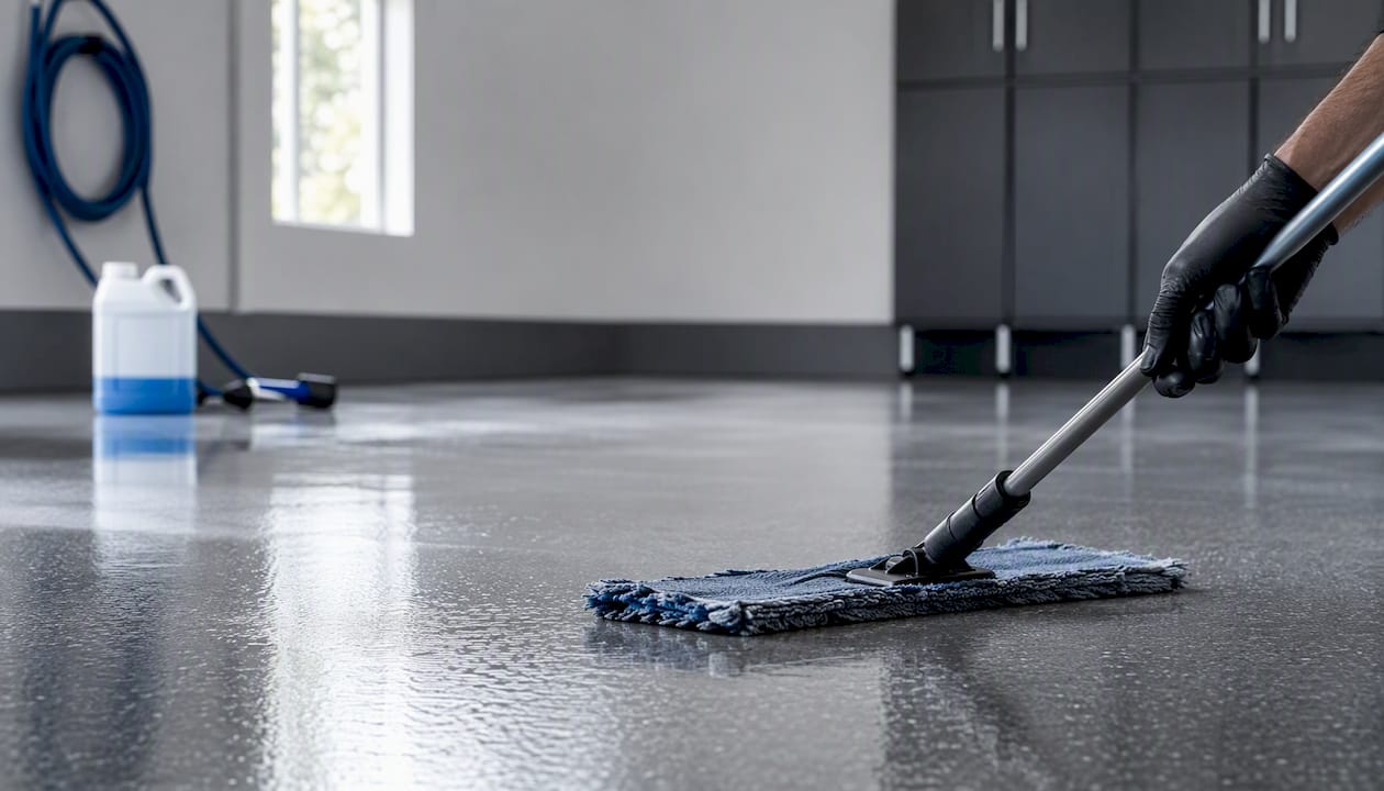 Person mopping epoxy garage floor
