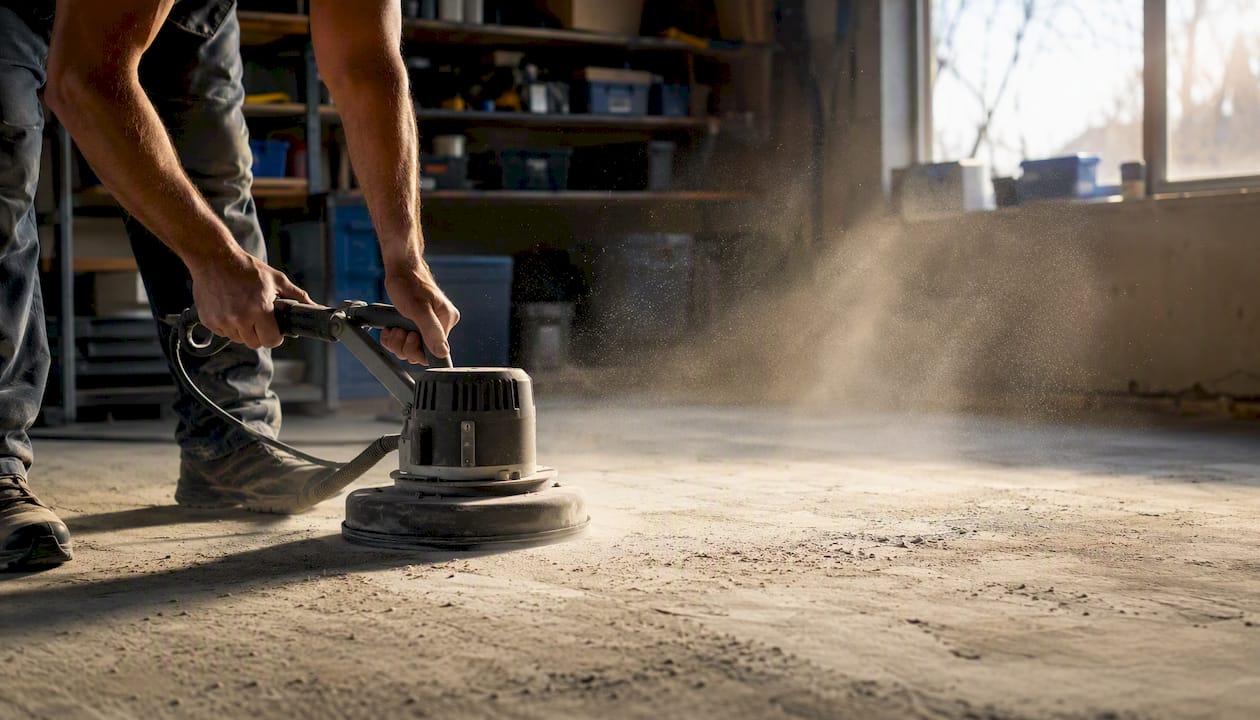 Hand operating diamond grinder on epoxy floor