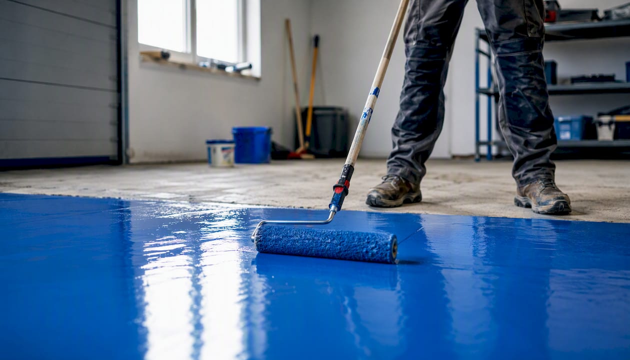 Roller applying two-part epoxy coating on concrete