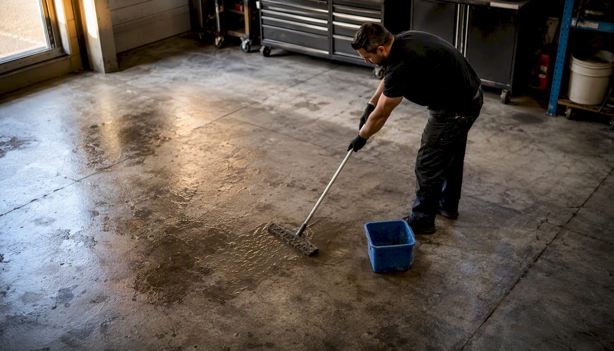 Worker cleaning garage floor before grinding
