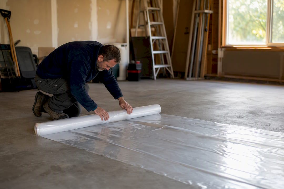 Hands taping plastic sheet on garage floor