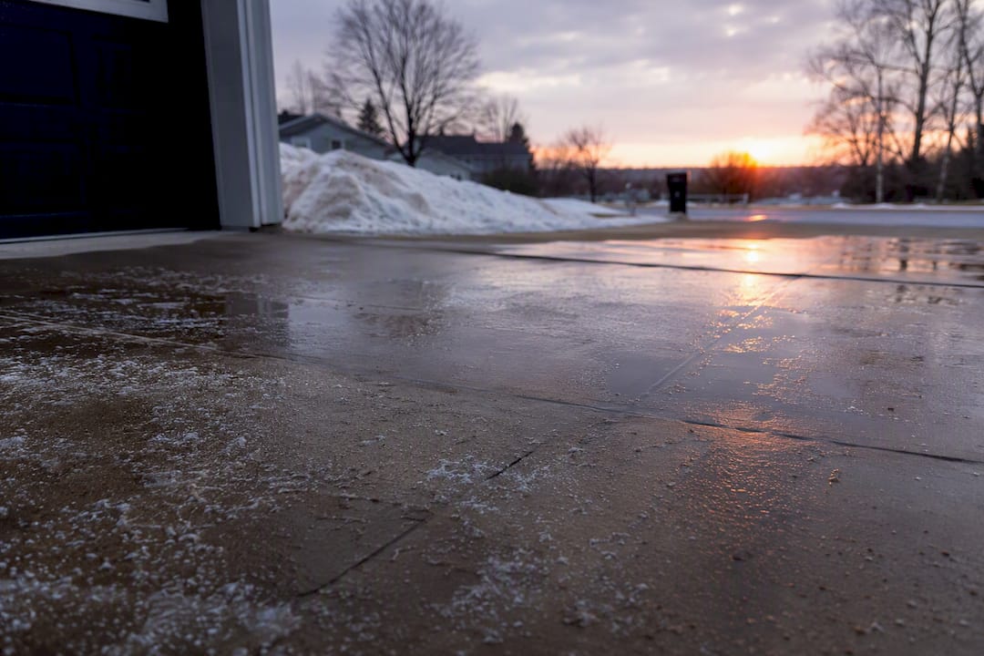 Wet concrete driveway with salt residue close-up