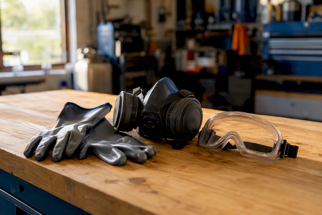 Protective gloves, goggles, and respirator mask