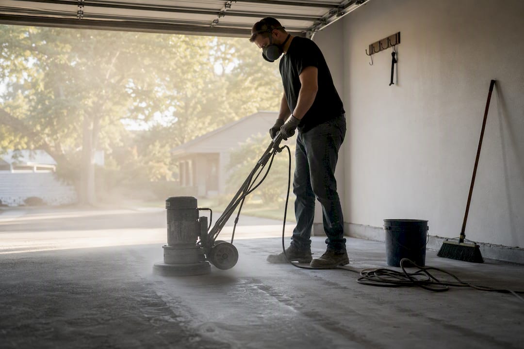 Person grinding garage concrete floor