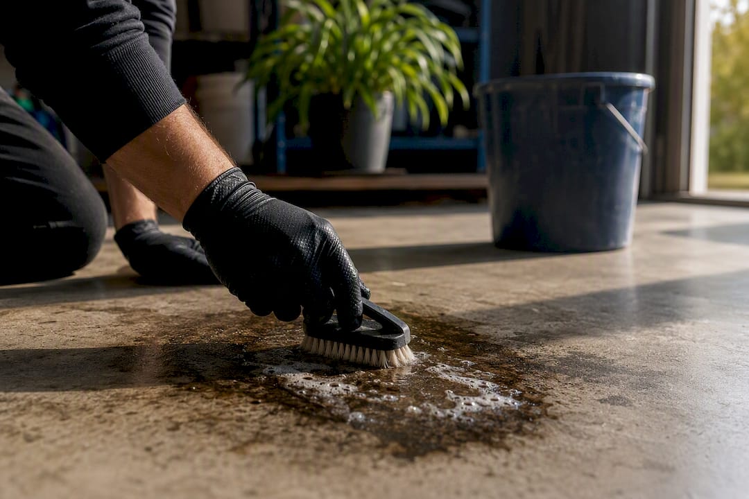 Hand applying chemical cleaner to grease stain on concrete