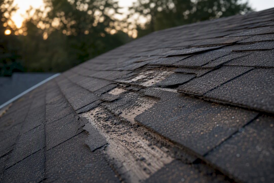 Close-up of roof shingles damaged by pressure washing