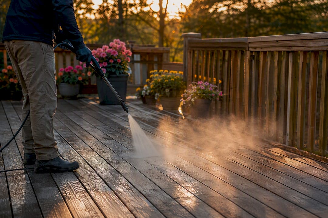 Soft washing wood deck up close