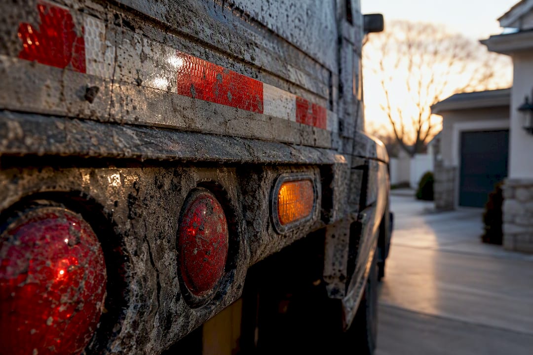 Grime covering truck lights and reflective tape
