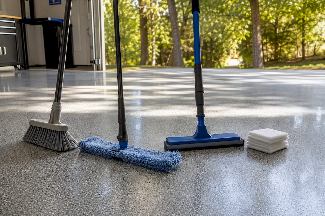 Cleaning tools on epoxy garage floor