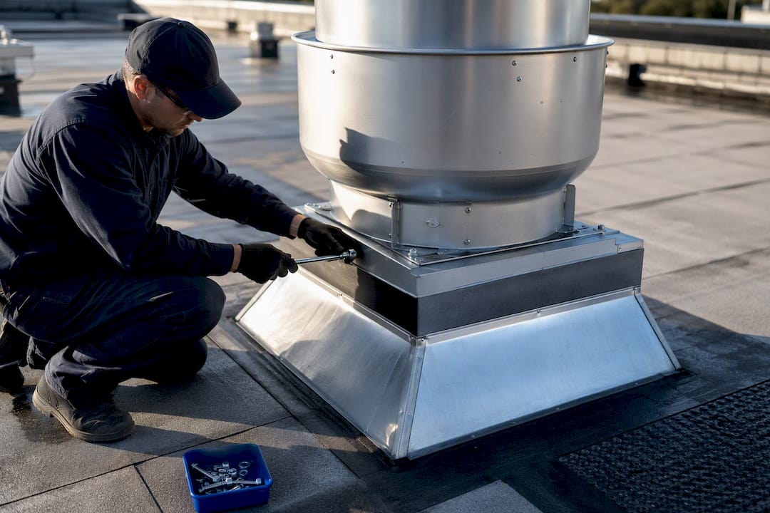 Technician securing rooftop exhaust fan containment