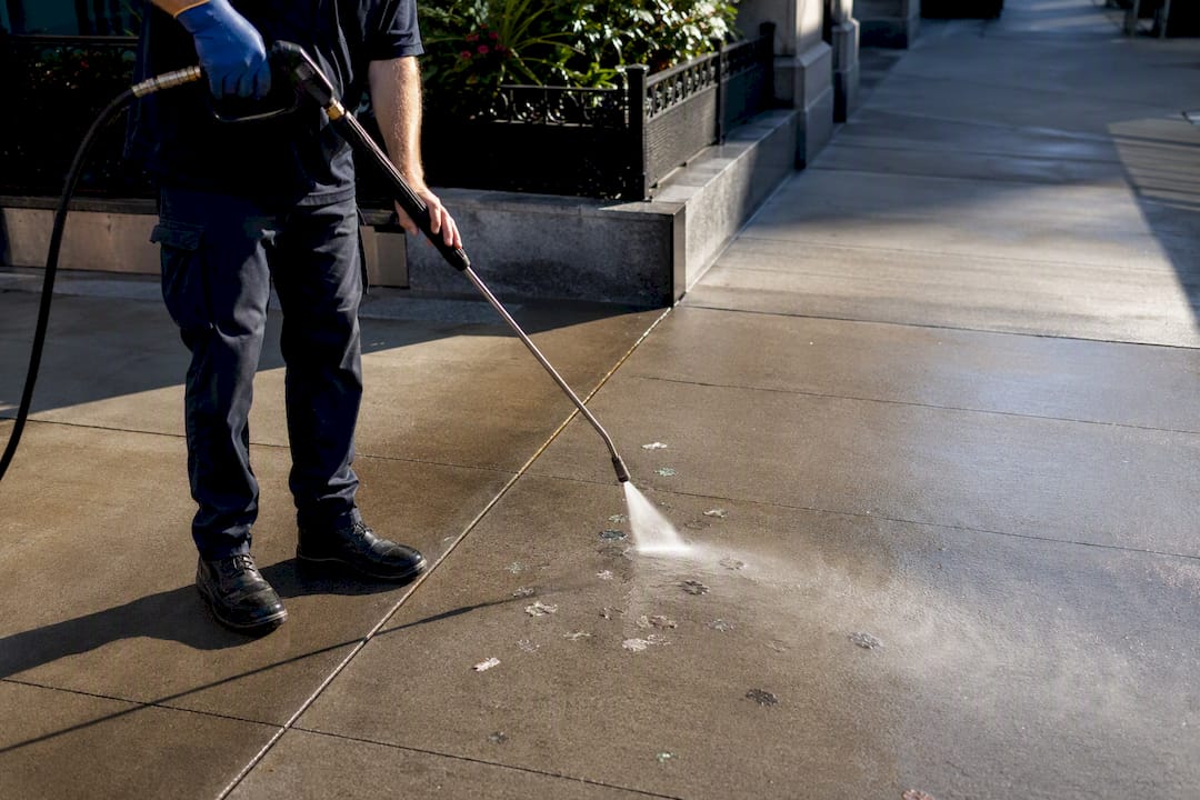 Hot water washing gum from sidewalk