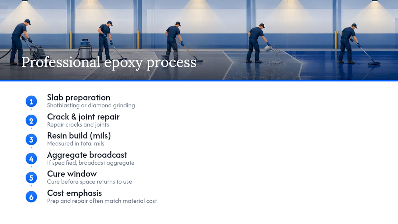 Professional epoxy floor installation stages