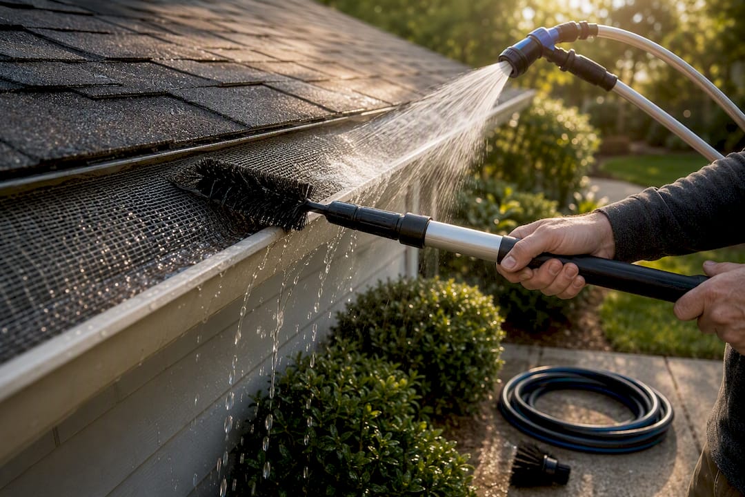 Telescoping brush rinsing a gutter guard