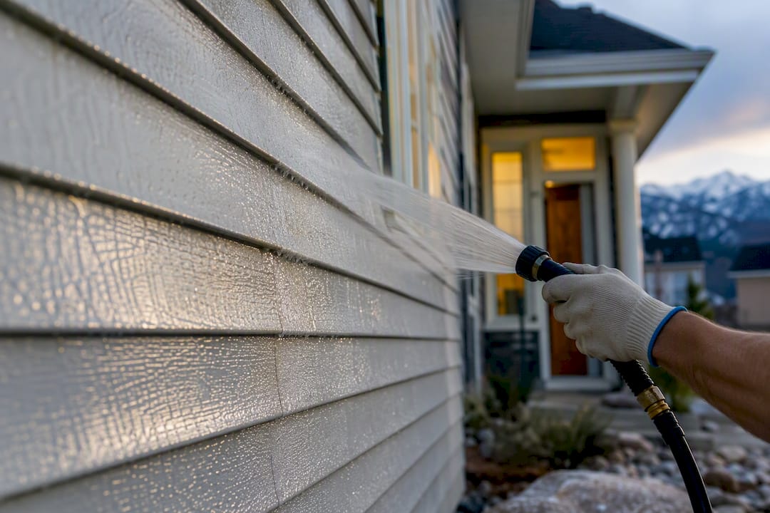 Technician soft-washing residential siding