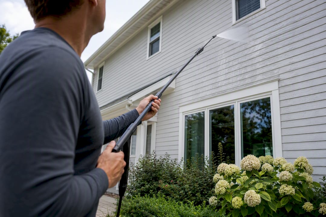 Extension wand rinsing upper-story siding