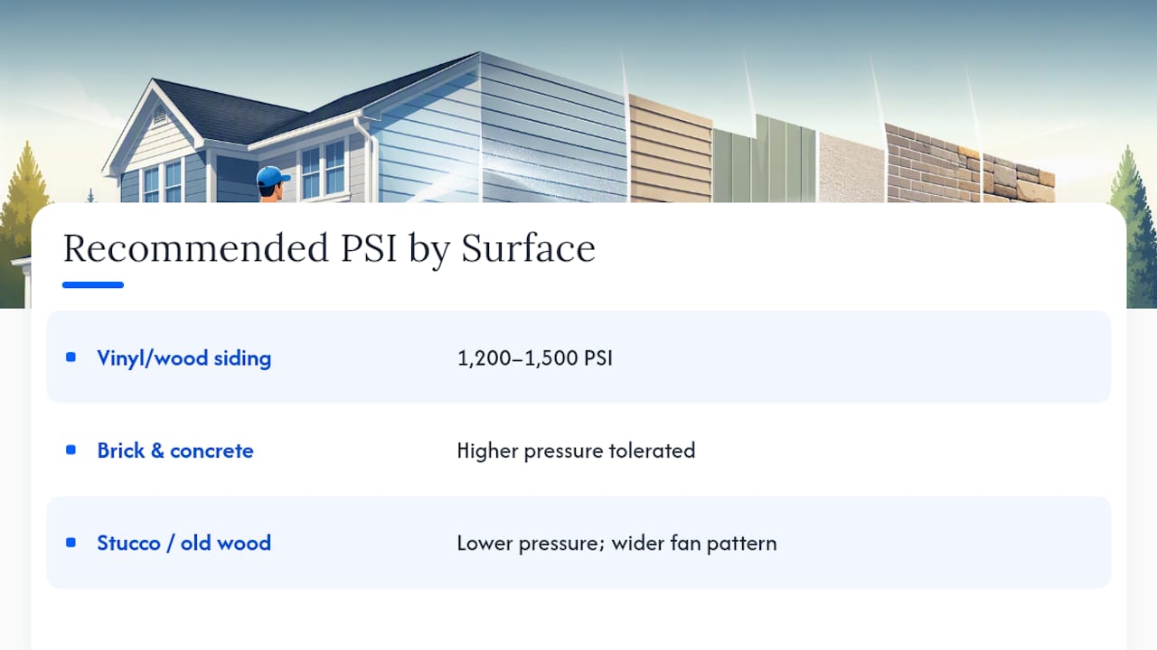 PSI recommendations across common siding surfaces