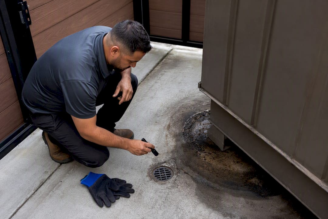 Technician inspecting drain and grease ring