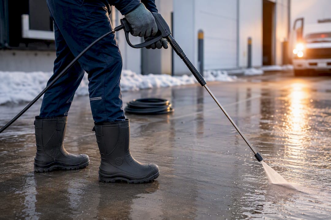 Waterproof boots and gloves on wet concrete