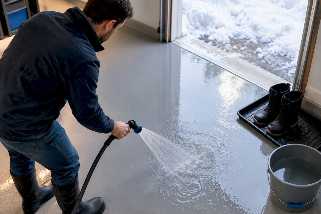 Rinsing winter salt from coated garage floor